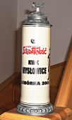 Pamětní hornický, hliněný,  glazurovaný tuplák s nápisem : KWK Myslowice - Barborka 2003  - Solidarnosc